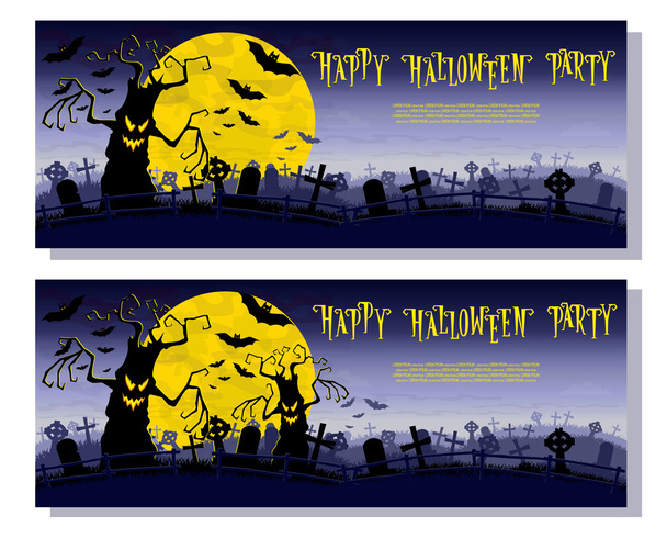 Halloween-háttér. Ijesztő szörnyek fák a régi temető háttérben Hold, denevérek és sírok. Design koncepció banner, plakát, kártya, vagy felkéri a buli. Rajzfilm stílusban. Vektoros illusztráció - Vektor, kép