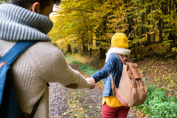 couple on walk in autumn forest - Fotoğraf, Görsel