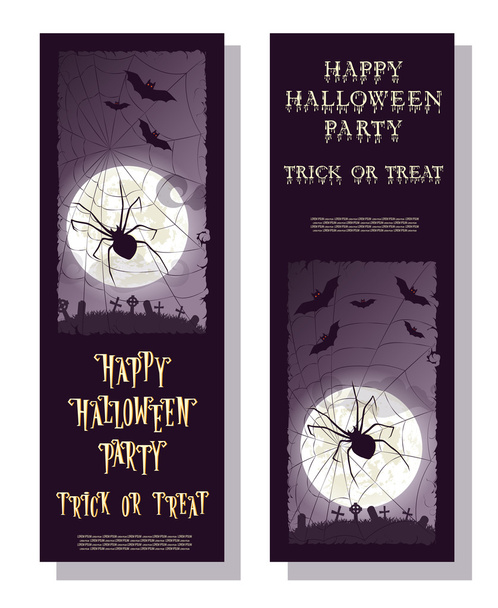 Set of flyer or ticket on Halloween holiday party Trick or Treat with scary spider, moon and monster bats on gradient background. Cartoon style. Vector illustration - Vetor, Imagem