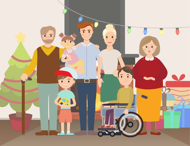 Big Christmas family at home vector illustration - Вектор,изображение