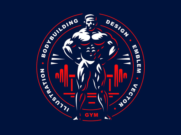 Bodybuilder emblem illustration on dark background - Vector, Image