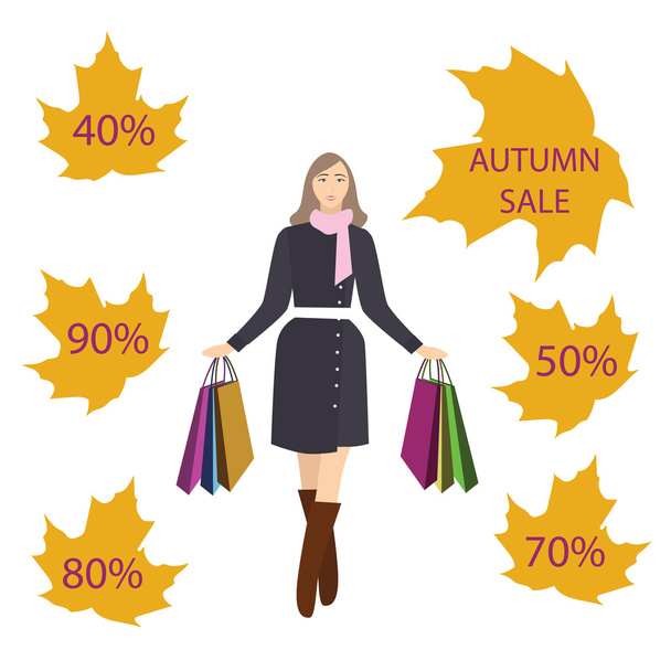 Girls with shopping bags, autumn sale - Vector, Image