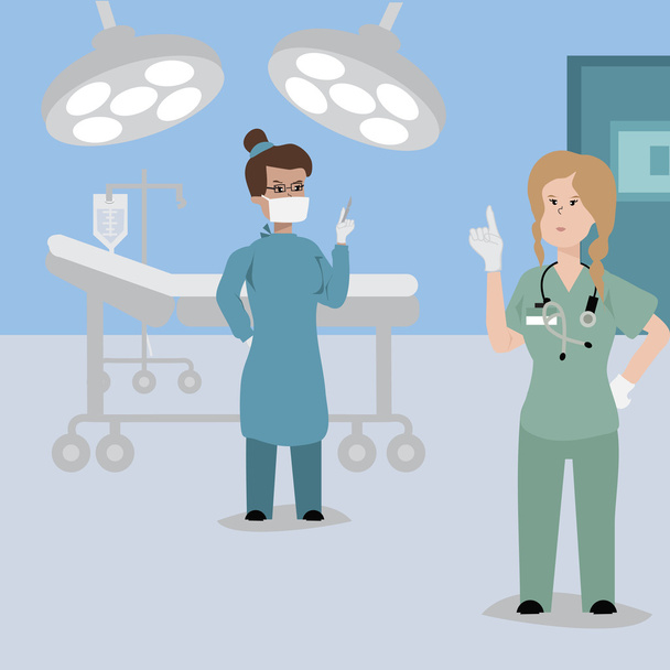 Концепция медицины в плоском стиле с врачом и хирургом на фоне больницы
 - Вектор,изображение