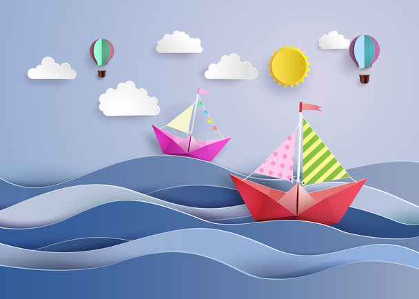 l paper sailing boat and balloon - Vector, Image