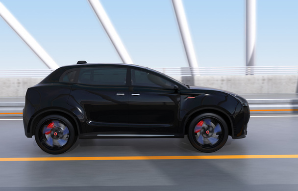 Black electric SUV driving on arc bridge - Photo, Image