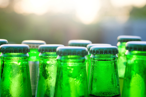 Garrafas de vidro verde de cerveja no fundo ao pôr do sol
  - Foto, Imagem