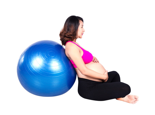 Pregnant woman with fitness ball on white background - Φωτογραφία, εικόνα