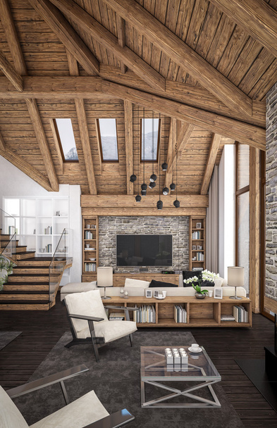 3D rendering of  living room of chalet - Zdjęcie, obraz