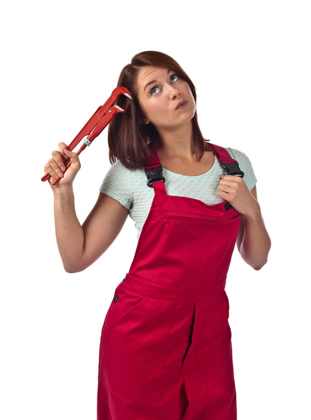 woman in red overalls  , isolated on white - Φωτογραφία, εικόνα