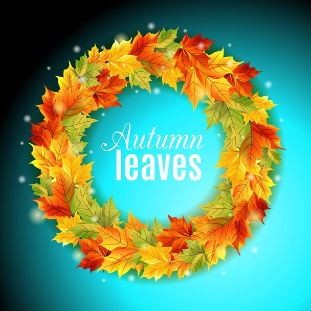The circle of autumn leaves on a bright blue background, maple    colors, light, shine . Vector illustration - Vector, Imagen