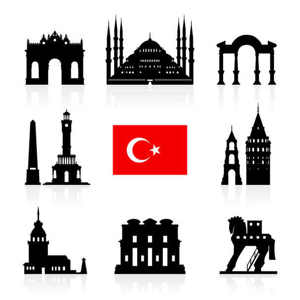 Zestaw ikon Flaga Turcja turystycznych atrakcji tego miejsca.  - Wektor, obraz