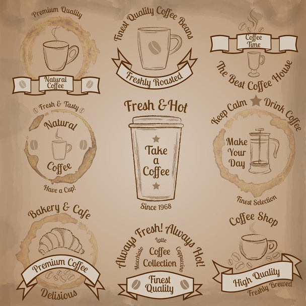 Набор коричневых винтажных кофейных значков на бежевом фоне
 - Вектор,изображение