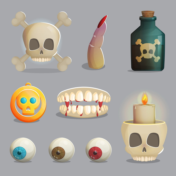 Totenkopf und gruselige Körperteile Themenartikel für das Game Design - Vektor, Bild