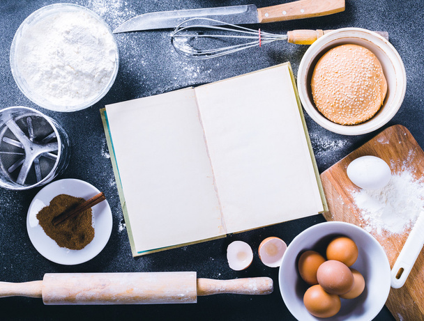 Ingredients for baking and cook book - Valokuva, kuva