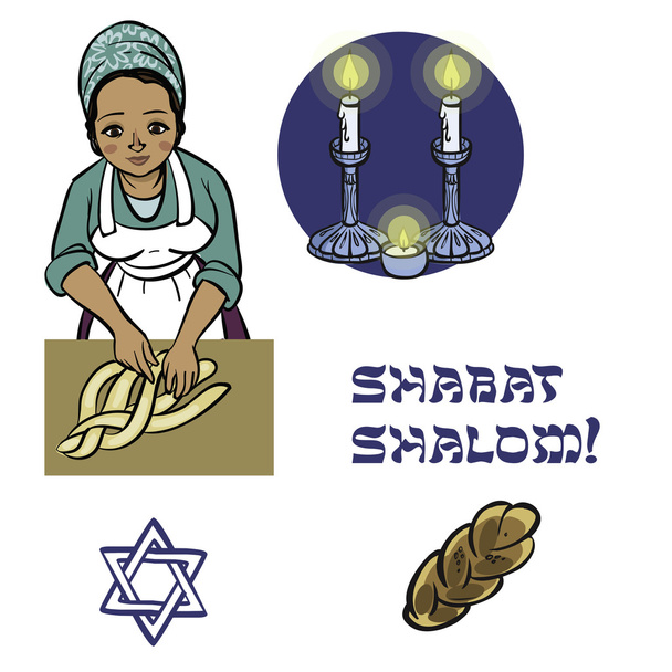 ハラ、キャンドルとシャバのかわいいユダヤ人宗教女性 - ベクター画像