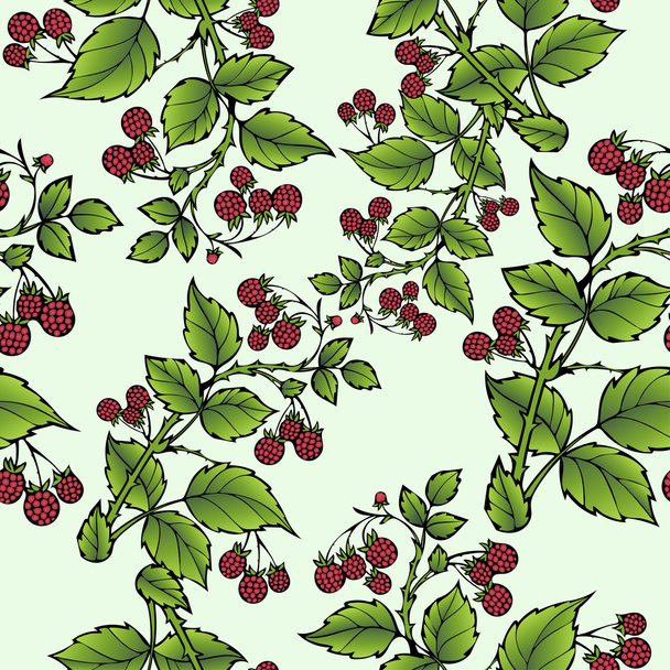 Branches of raspberry seamless pattern, berry background. Drawing fruit, graphic art, cartoon. For the design  the fabric, print, wallpaper, wrapping. Vector illustration - ベクター画像