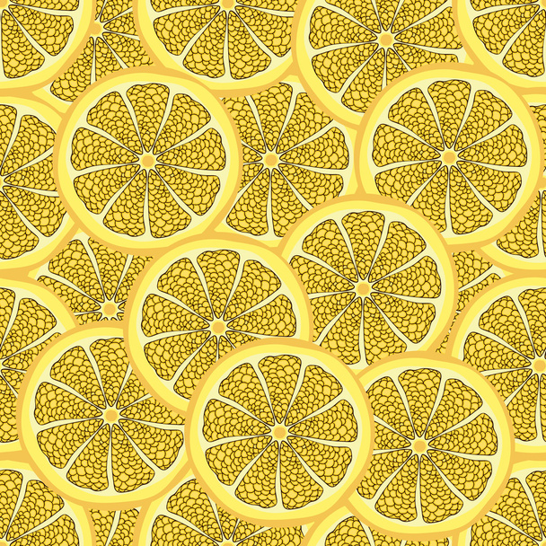 Slices of lemon in a cut, seamless pattern, fruit background. Painted citrus, graphic art, cartoon. For the design  the fabric, print, wallpaper, wrapping. Vector illustration - ベクター画像
