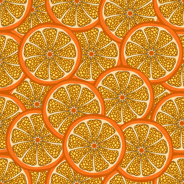 Orange slice in a cut, seamless pattern, fruit background. Painted citrus, graphic art, cartoon. For the design of the fabric, print, wallpaper, wrapping. Vector illustration - ベクター画像