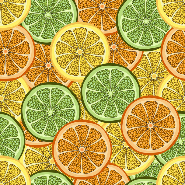 カット、シームレスなパターン、フルーツの背景にオレンジ、ライム、レモンのスライス。描画柑橘類、グラフィックアート、漫画。デザインのために生地、印刷、壁紙、ラッピング。ベクトルイラスト - ベクター画像