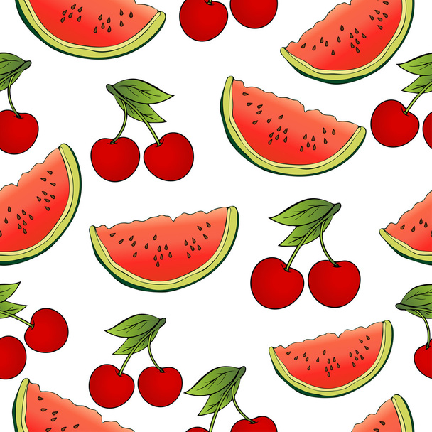 Slices of watermelon and cherries seamless pattern, fruit background. Drawing  on a white , cartoon. For the design  the fabric, print, wallpaper, wrapping. Vector illustration - ベクター画像