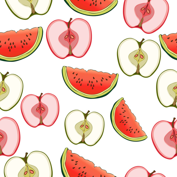 Slices of apples and watermelon seamless pattern, fruit background. Drawing  on a white , cartoon. For the design  the fabric, print, wallpaper, wrapping. Vector illustration - ベクター画像