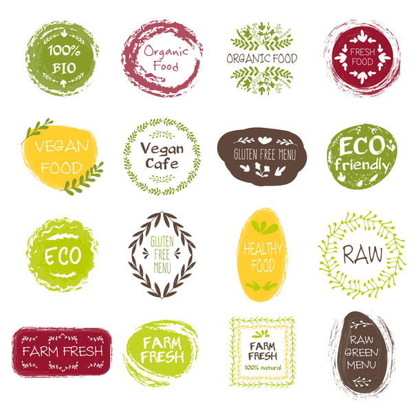Alimentos saludables Etiquetas dibujadas a mano
 - Vector, imagen