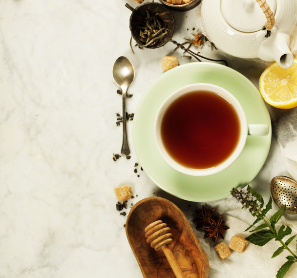 Tea composition on rustic background - Fotó, kép