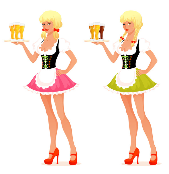 Illustration of a beautiful waitress girl serving beer - Διάνυσμα, εικόνα