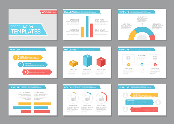 Набір багатокольорових шаблонів для багатоцільових слайдів презентацій з графіками та діаграмами. Листівка, щорічний звіт, дизайн обкладинки книг
. - Вектор, зображення