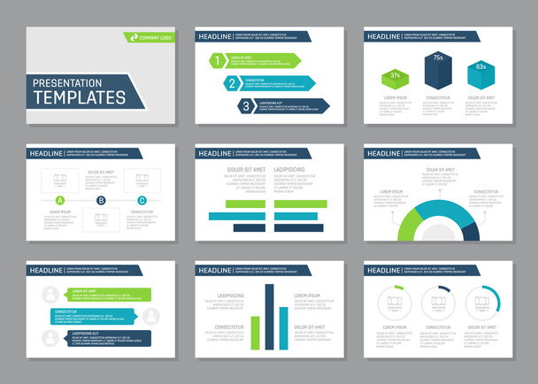 Набір синьо-зелених шаблонів для багатоцільових слайдів презентацій з графіками та діаграмами. Листівка, щорічний звіт, дизайн обкладинки книг
. - Вектор, зображення