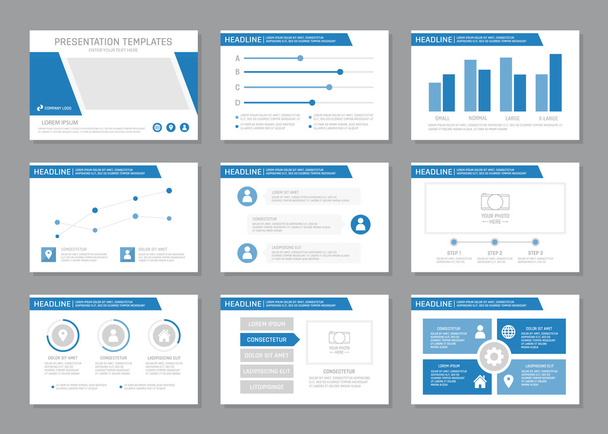 Set of blue template for multipurpose presentation slides with graphs and charts. Leaflet, annual report, book cover design. - Vector, Image