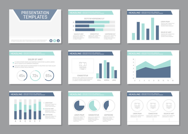 Set of turquoise and blue template for multipurpose presentation slides with graphs and charts. Leaflet, annual report, book cover design. - Vector, Image