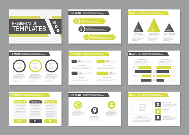 Set of green and gray template for multipurpose presentation slides with graphs and charts. Leaflet, annual report, book cover design. - Vector, Image
