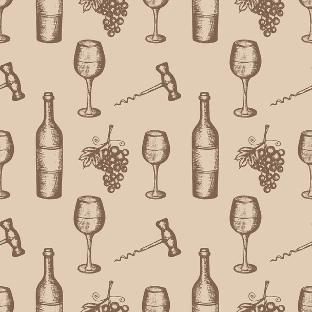 Vector illustration, wine set, hand drawn sketch of wine symbols, brown outlines on beige background, seamless pattern - Вектор,изображение