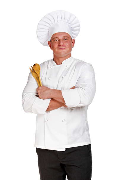 Шеф-кухар ізольований на білому тлі. Тримає ложку і виделку
. - Фото, зображення