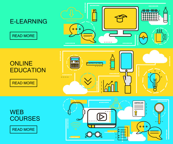 E-Learning, online oktatás és web tanfolyamok horizontális bannerek. Távoktatás. Tanulmányi ikonok vékony vonalstílussal. vektoros illusztráció - Vektor, kép