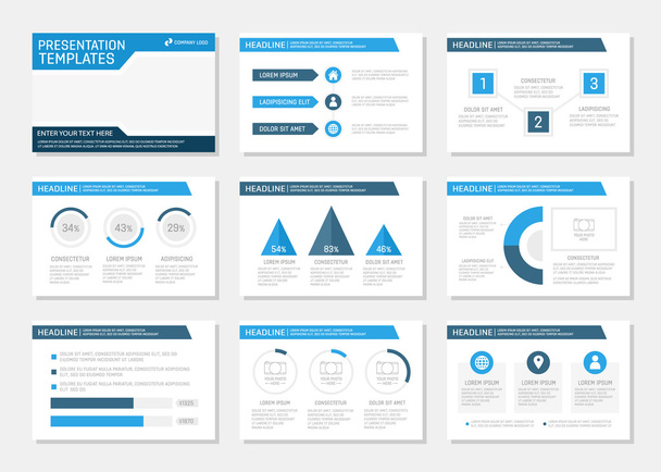 Набір синіх шаблонів для багатоцільових слайдів презентацій з графіками та діаграмами. Листівка, щорічний звіт, дизайн обкладинки книг
. - Вектор, зображення