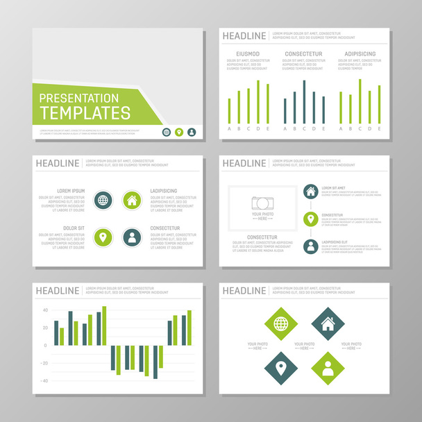 Σετ πράσινου και μπλε προτύπου για διαφάνειες παρουσίασης πολλαπλών χρήσεων με γραφήματα και διαγράμματα. Φυλλάδιο, ετήσια έκθεση, σχεδιασμός εξώφυλλων βιβλίων. - Διάνυσμα, εικόνα