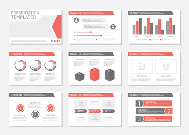 Set of red and gray template for multipurpose presentation slides with graphs and charts. Leaflet, annual report, book cover design. - Vector, Image