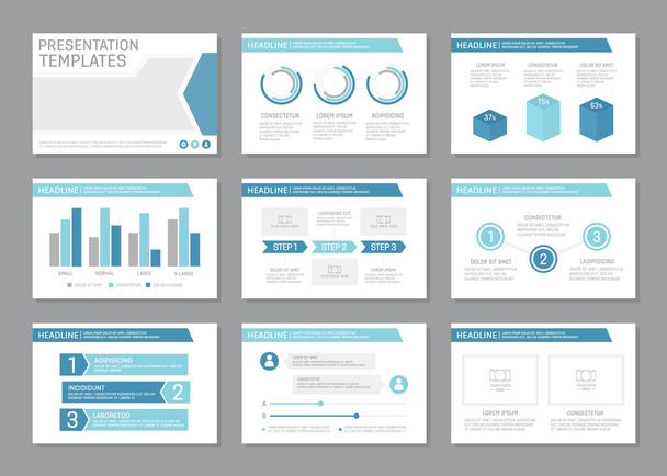 グラフとチャートの多目的プレゼンテーション スライドのブルーのテンプレートのセットです。リーフレット、年次報告書、書籍カバー デザイン. - ベクター画像
