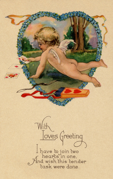 Вінтажні листівки Валентина з Купідоном грають карти поруч з h
 - Фото, зображення