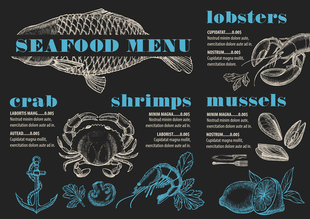 Menü deniz ürünleri Restoran, yiyecek şablonu - Vektör, Görsel