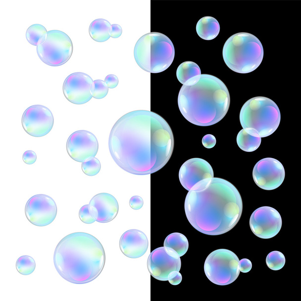 Burbujas de jabón realista con arco iris reflexión conjunto ilustración vectorial aislado - Vector, Imagen