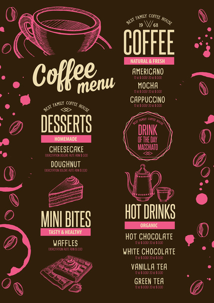 Restaurant met menu koffie, drank sjabloon - Vector, afbeelding