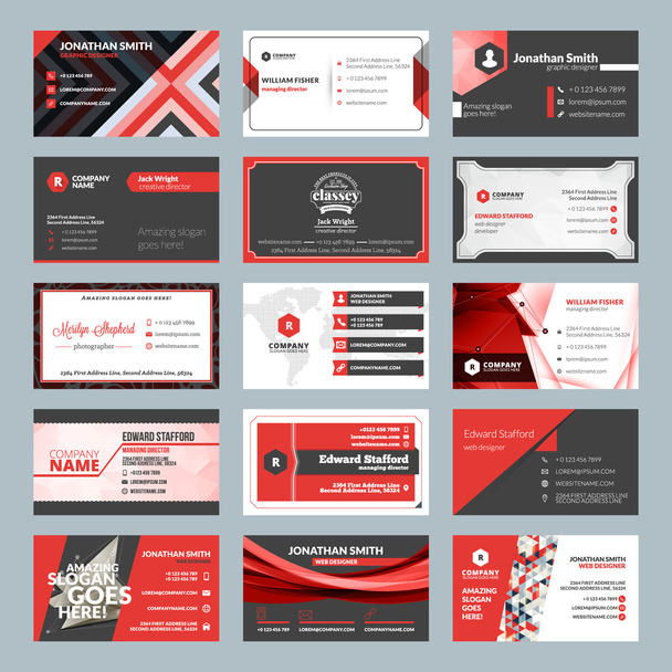 Business card templates. Stationery design vector set. Red and black colors. Flat style vector illustration - Wektor, obraz
