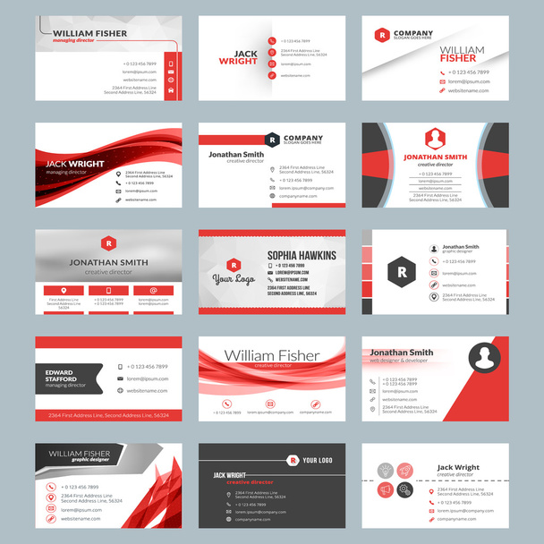 Business card templates. Stationery design vector set. Red and black colors. Flat style vector illustration - Vektor, kép