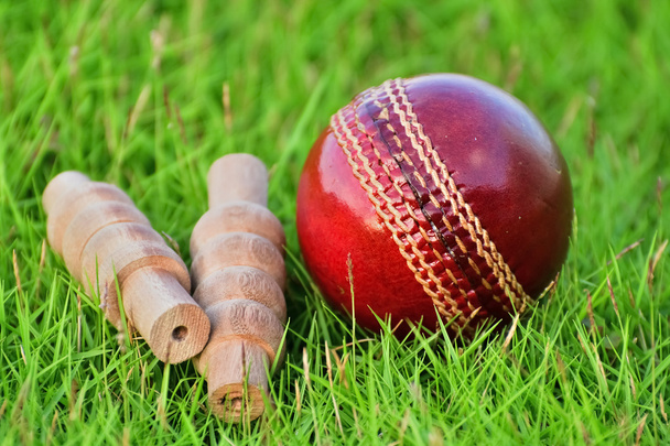 Cricket ball and bails  - Φωτογραφία, εικόνα