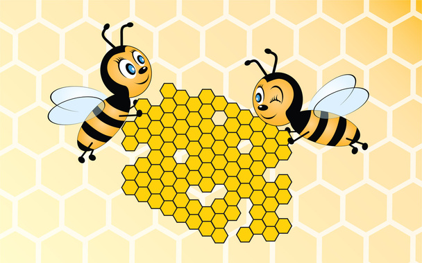 twee bijen houden honingraat op gele achtergrond - Vector, afbeelding