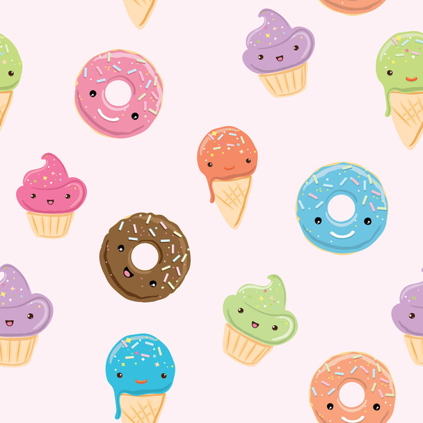 Seamless pattern with sweets in kawaii style - Vektor, obrázek