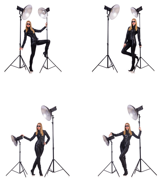 Collage of woman during photo shoot isolated on white - Photo, Image